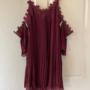 Burgundy Pleated Lace Off-Shoulder Dress